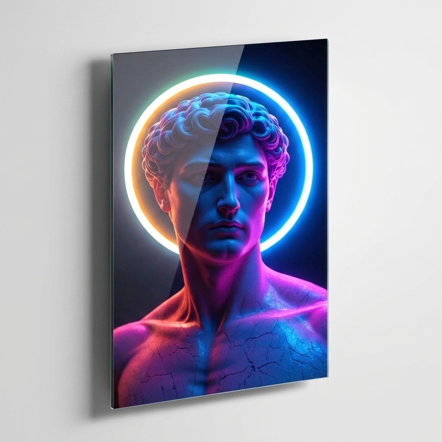 Modern Neon Detaylı David Heykeli Dikey Cam Tablo