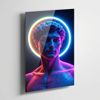 Modern Neon Detaylı David Heykeli Dikey Cam Tablo