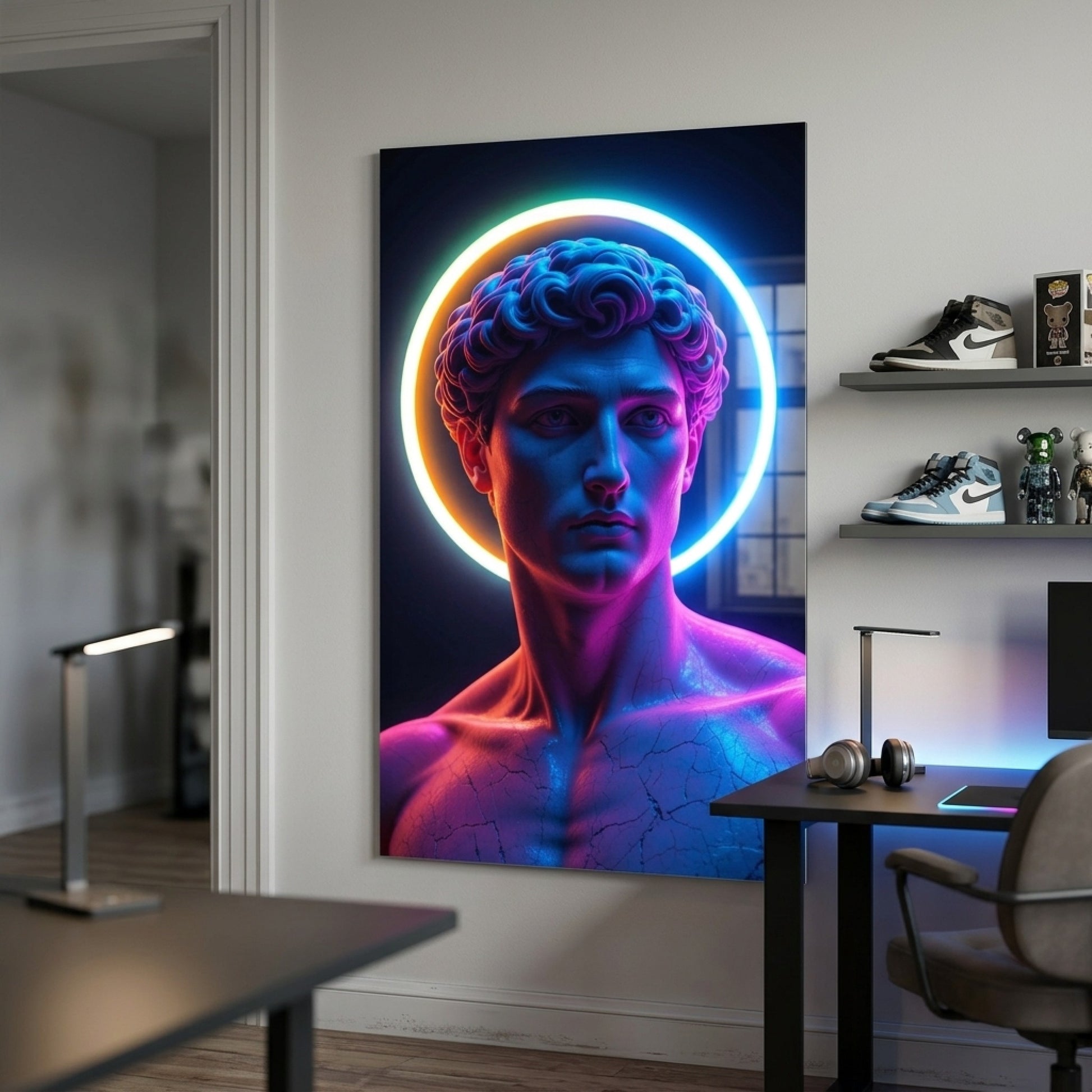 Modern Neon Detaylı David Heykeli Dikey Cam Tablo