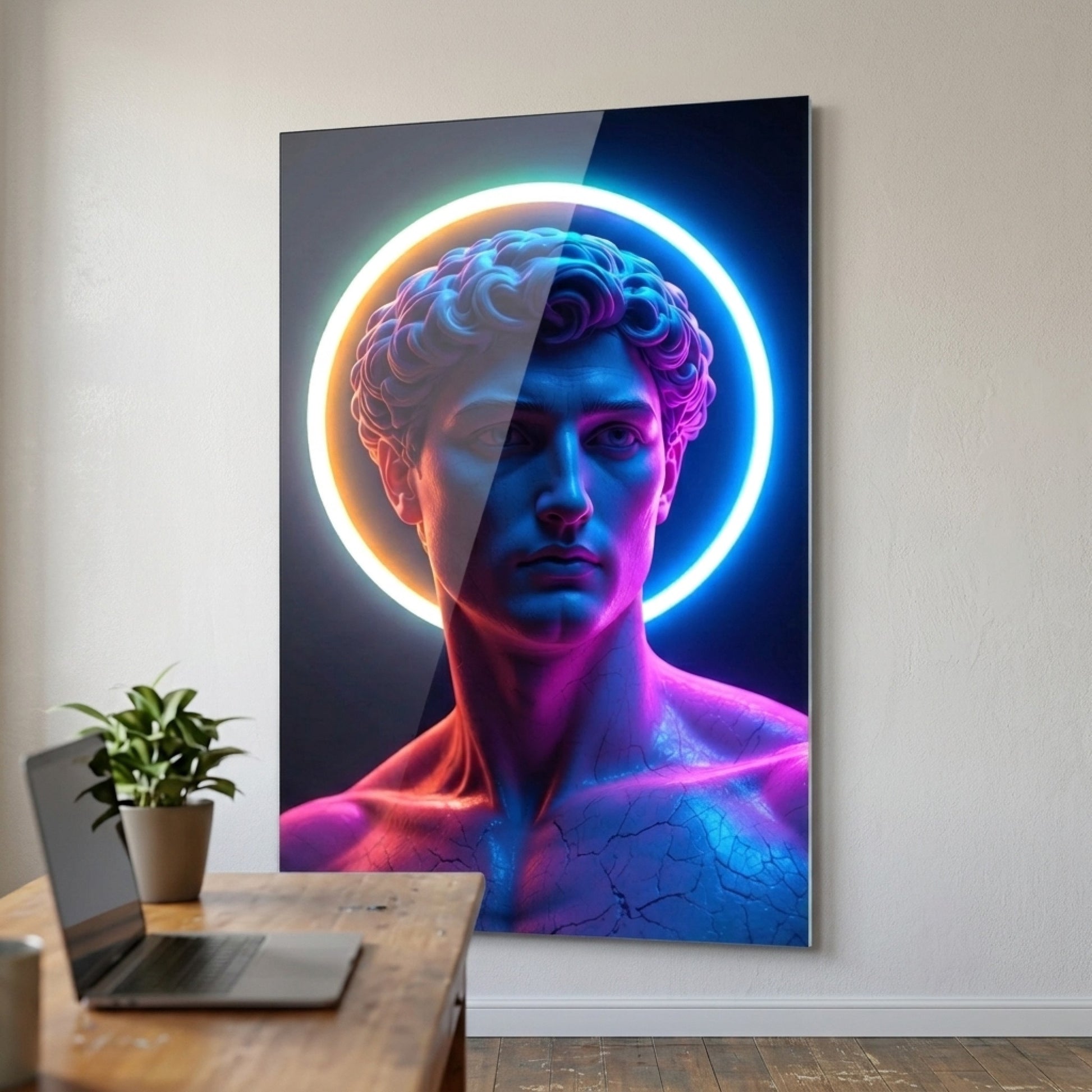 Modern Neon Detaylı David Heykeli Dikey Cam Tablo