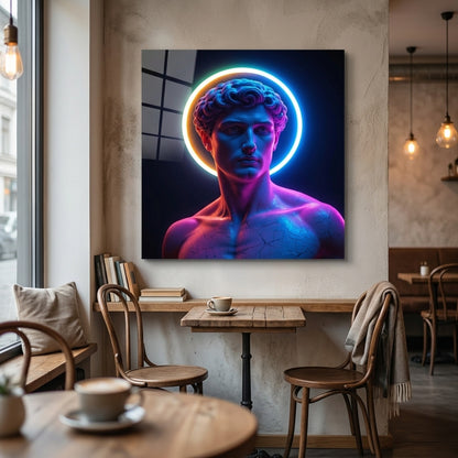 Modern Neon Detaylı David Heykeli Dikey Cam Tablo