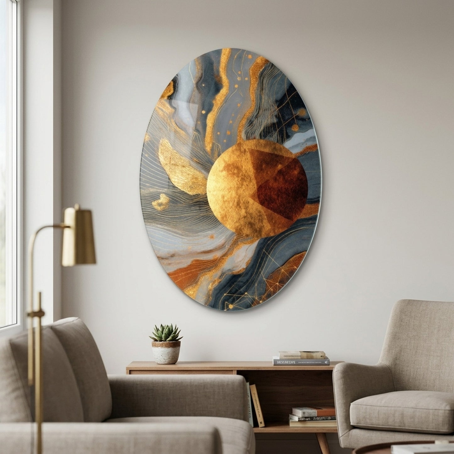 Modern Soyut Altın Gezegensel Kompozisyon Oval Dikey Cam Tablo