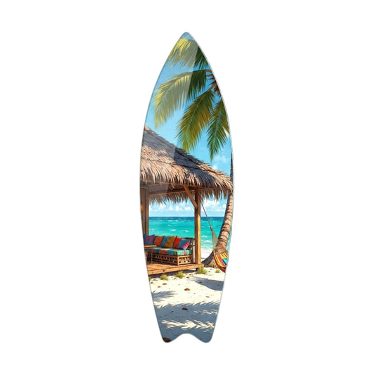 Tropik Cennet Sahil Bungalo ve Hamak Manzarası Surf Board Cam Tablo