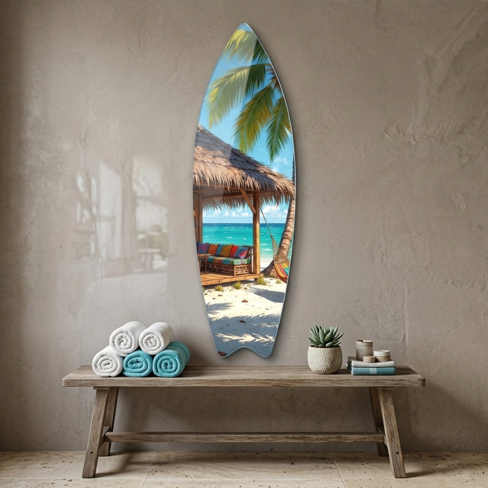 Tropik Cennet Sahil Bungalo ve Hamak Manzarası Surf Board Cam Tablo