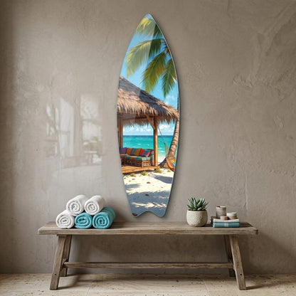 Tropik Cennet Sahil Bungalo ve Hamak Manzarası Surf Board Cam Tablo