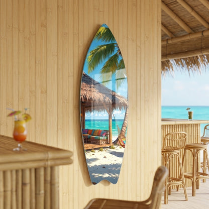 Tropik Cennet Sahil Bungalo ve Hamak Manzarası Surf Board Cam Tablo