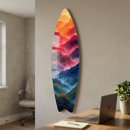 Gökkuşağı Renklerinde Soyut Dağ Sıraları Sanat Baskısı Surf Board Cam Tablo