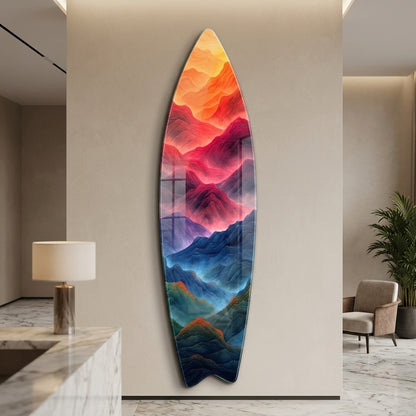 Gökkuşağı Renklerinde Soyut Dağ Sıraları Sanat Baskısı Surf Board Cam Tablo
