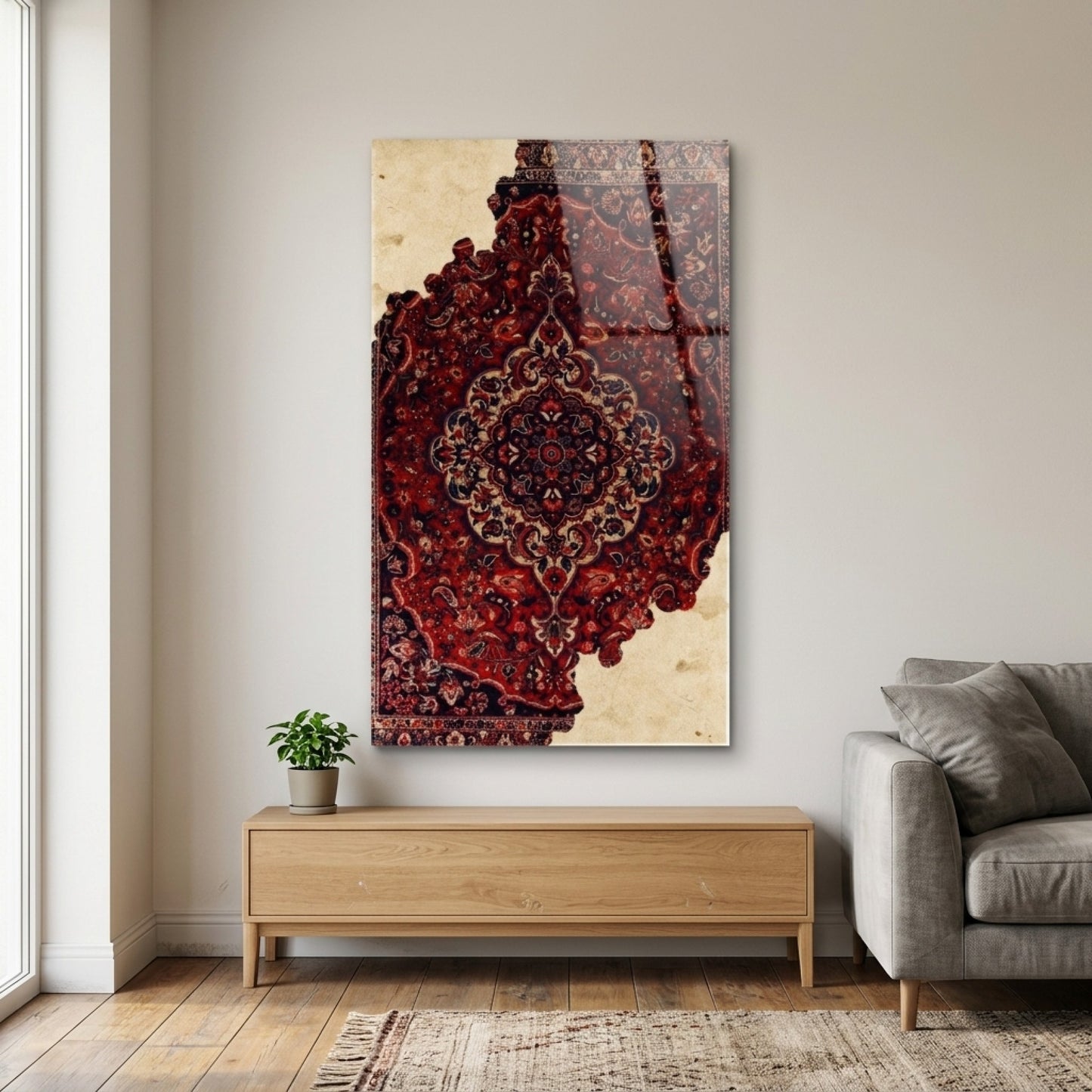Eski Saray Halısı Deseni Sanatsal Duvar Dekorasyonu Dikey Cam Tablo