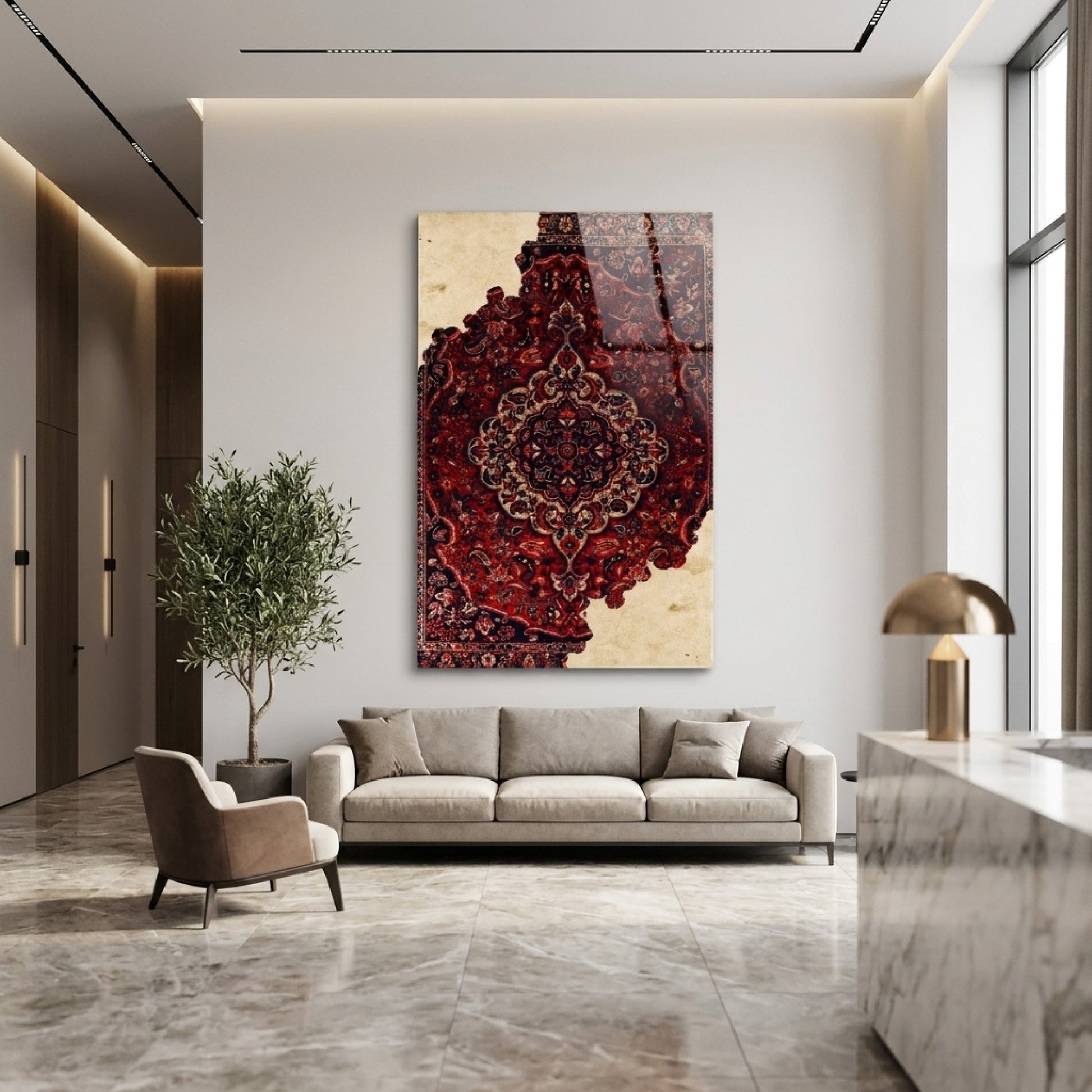 Eski Saray Halısı Deseni Sanatsal Duvar Dekorasyonu Dikey Cam Tablo