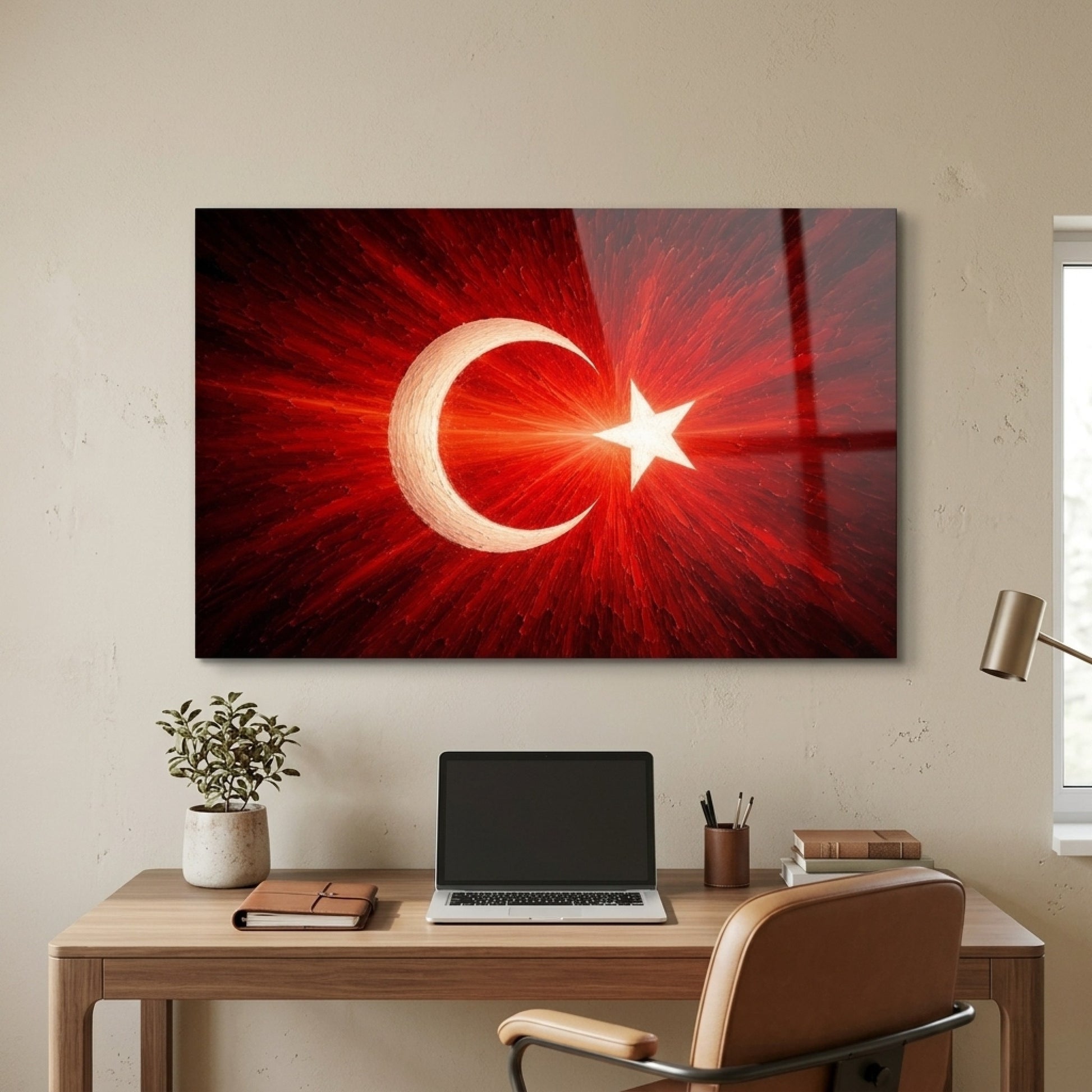 Ay Yıldızlı Bayrak Işıltılı Sanat Eseri Yatay Cam Tablo