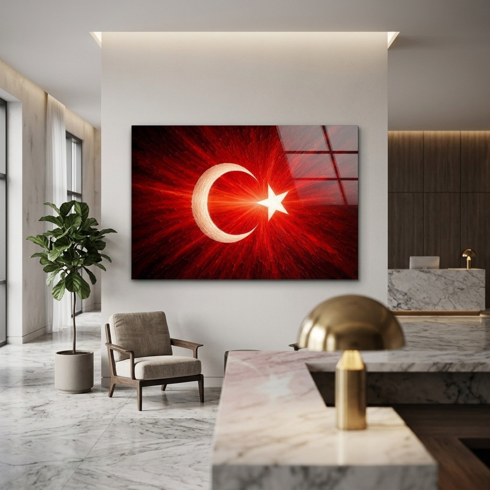 Ay Yıldızlı Bayrak Işıltılı Sanat Eseri Yatay Cam Tablo
