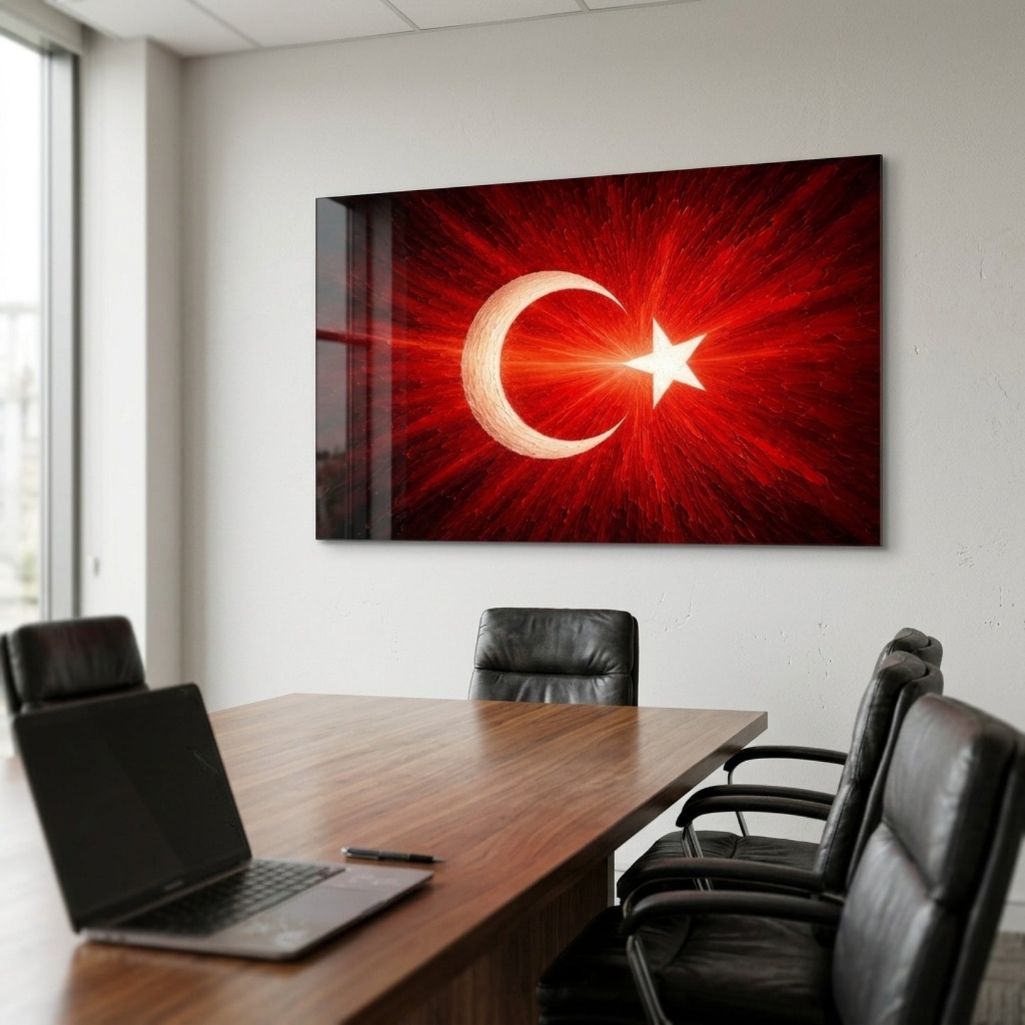 Ay Yıldızlı Bayrak Işıltılı Sanat Eseri Yatay Cam Tablo