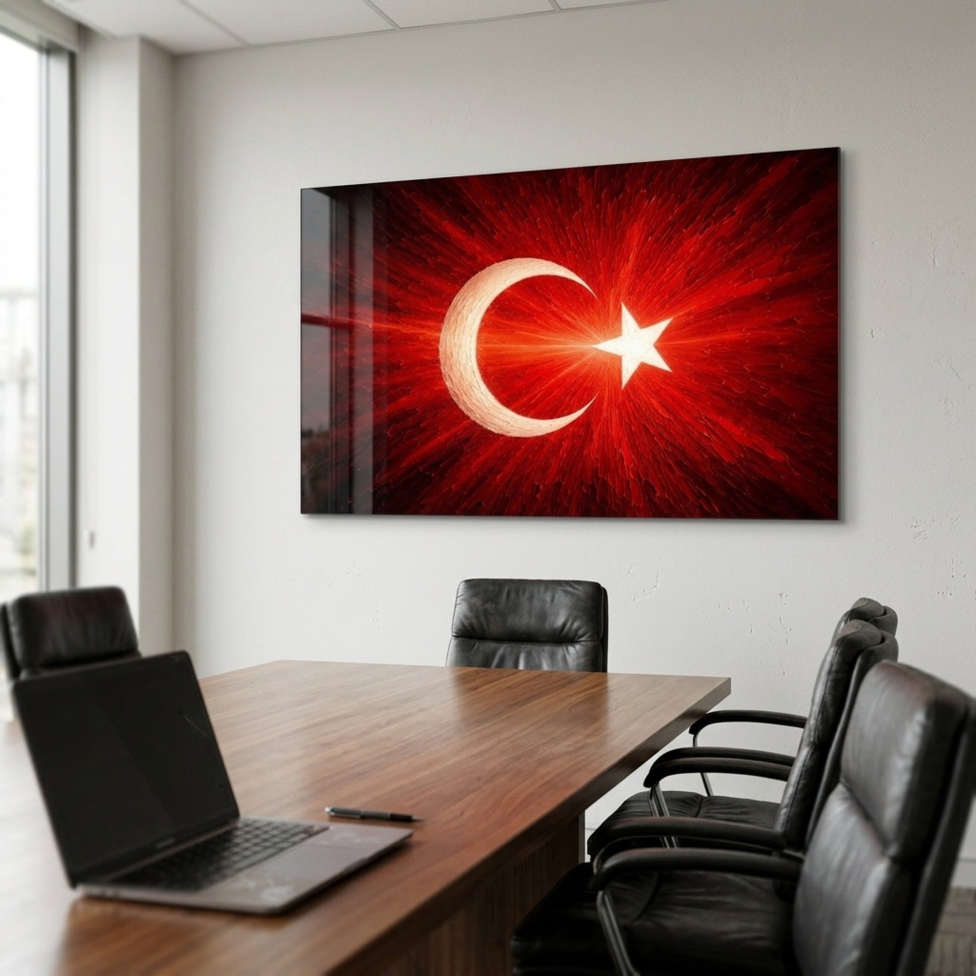 Ay Yıldızlı Bayrak Işıltılı Sanat Eseri Yatay Cam Tablo