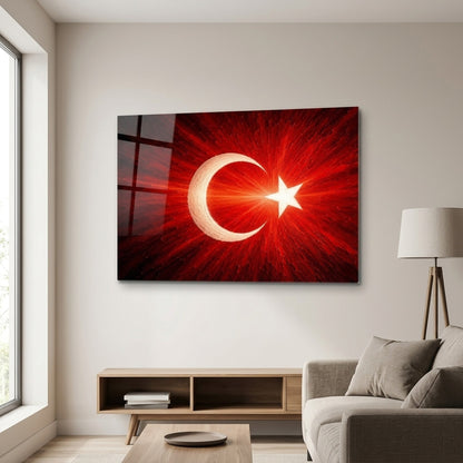 Ay Yıldızlı Bayrak Işıltılı Sanat Eseri Yatay Cam Tablo