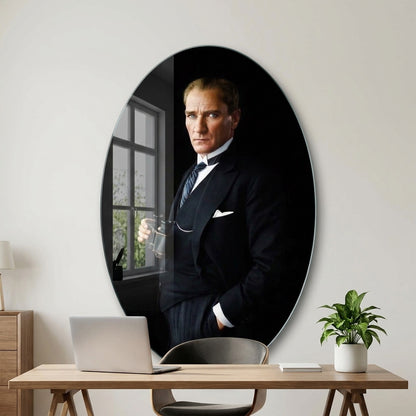 Mustafa Kemal Atatürk Dürbünlü Portre Oval Dikey Cam Tablo