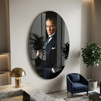 Mustafa Kemal Atatürk Dürbünlü Portre Oval Dikey Cam Tablo