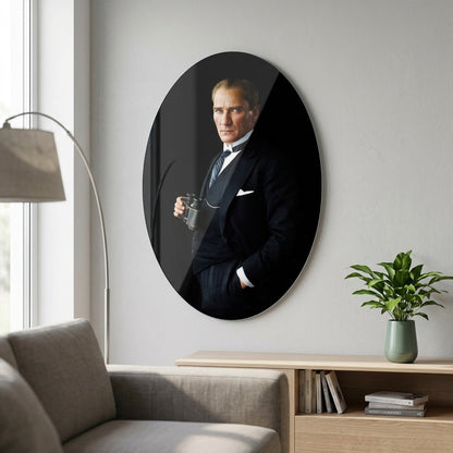 Mustafa Kemal Atatürk Dürbünlü Portre Oval Dikey Cam Tablo