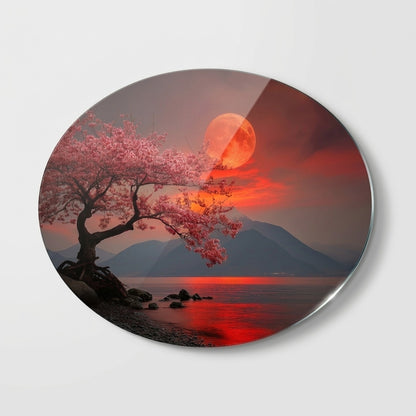 Kırmızı Dolunay Altında Sakura Ağacı ve Göl Manzarası Oval Yatay Cam Tablo