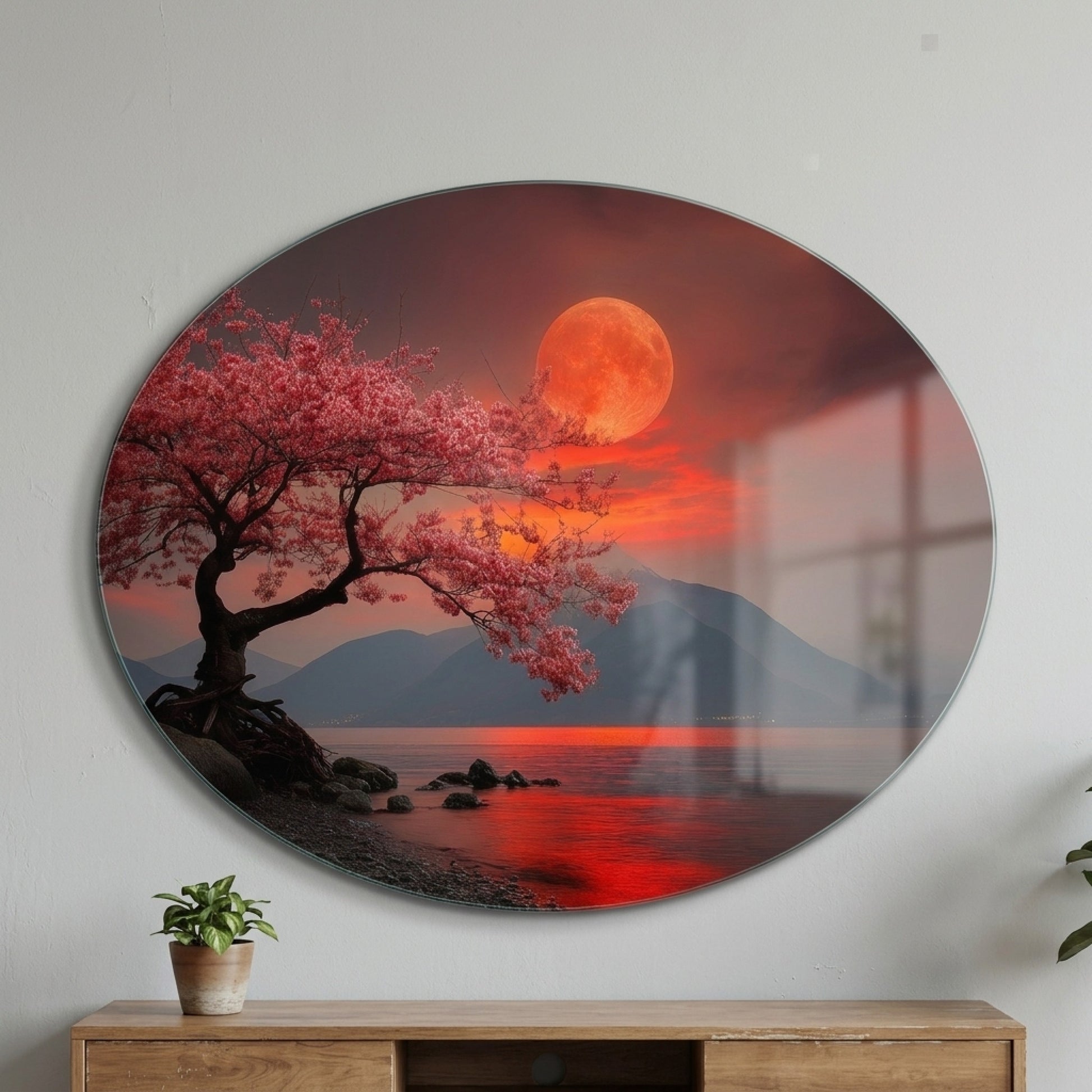 Kırmızı Dolunay Altında Sakura Ağacı ve Göl Manzarası Oval Yatay Cam Tablo