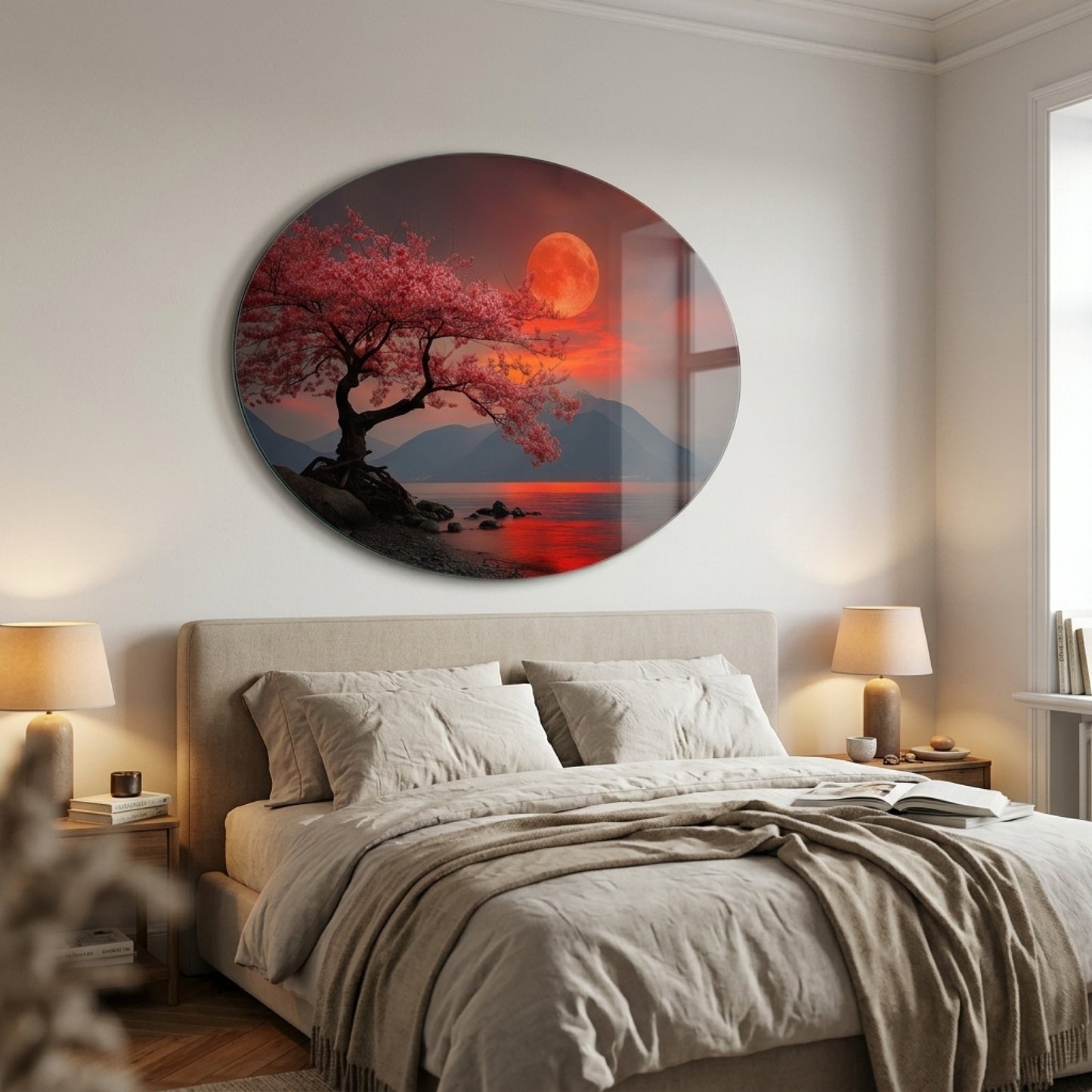 Kırmızı Dolunay Altında Sakura Ağacı ve Göl Manzarası Oval Yatay Cam Tablo