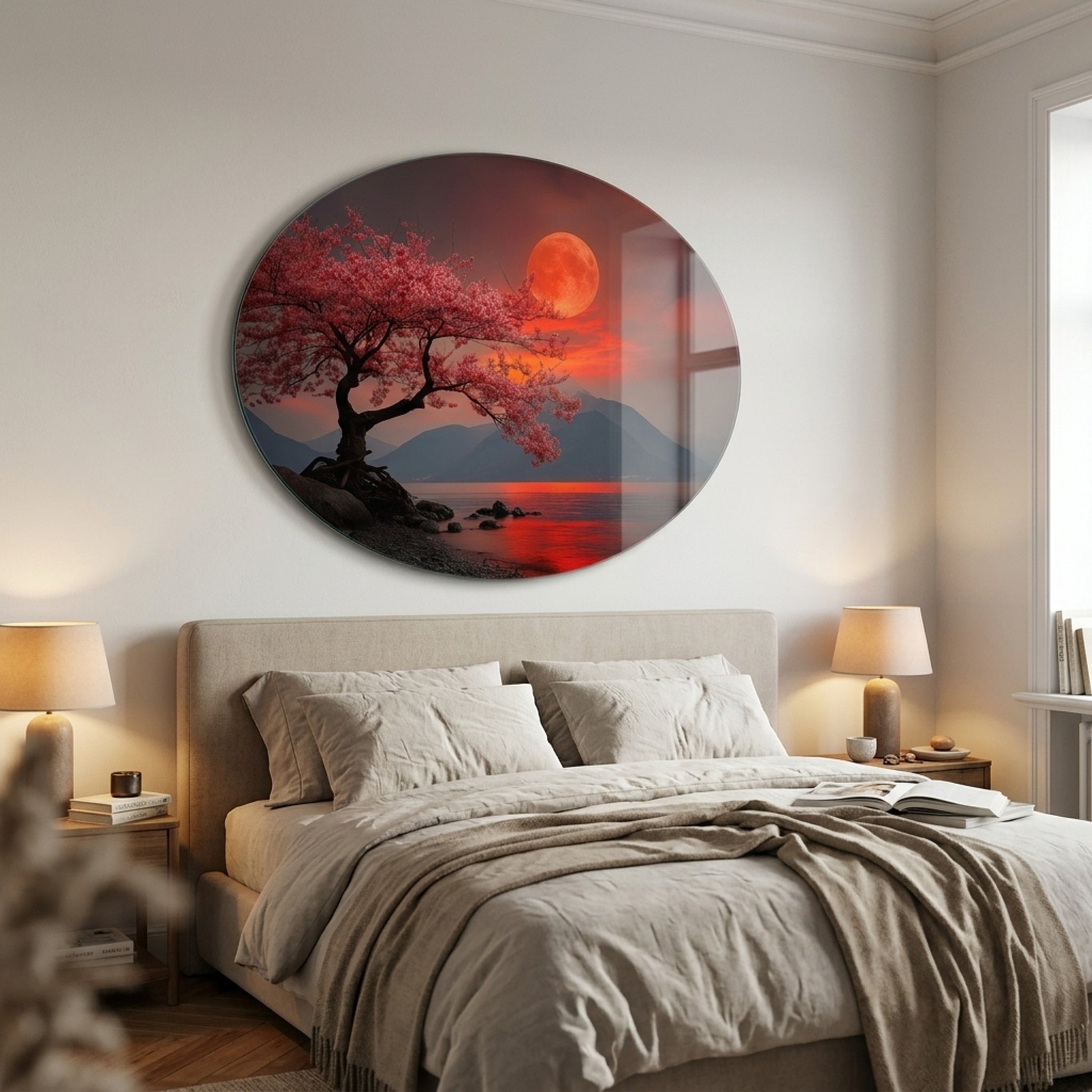 Kırmızı Dolunay Altında Sakura Ağacı ve Göl Manzarası Oval Yatay Cam Tablo