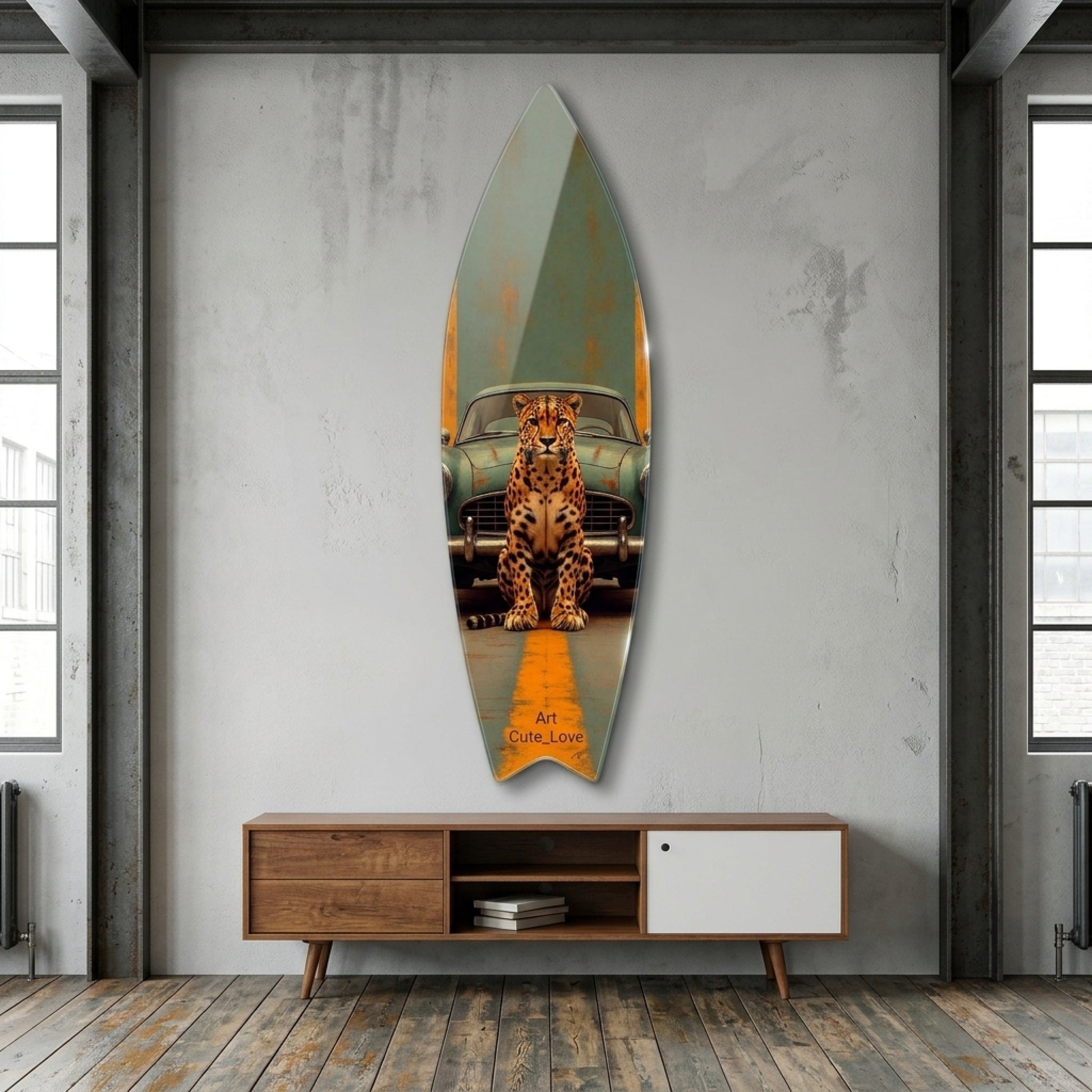 Klasik Yeşil Araba ve Çita Modern Sanat Surf Board Cam Tablo