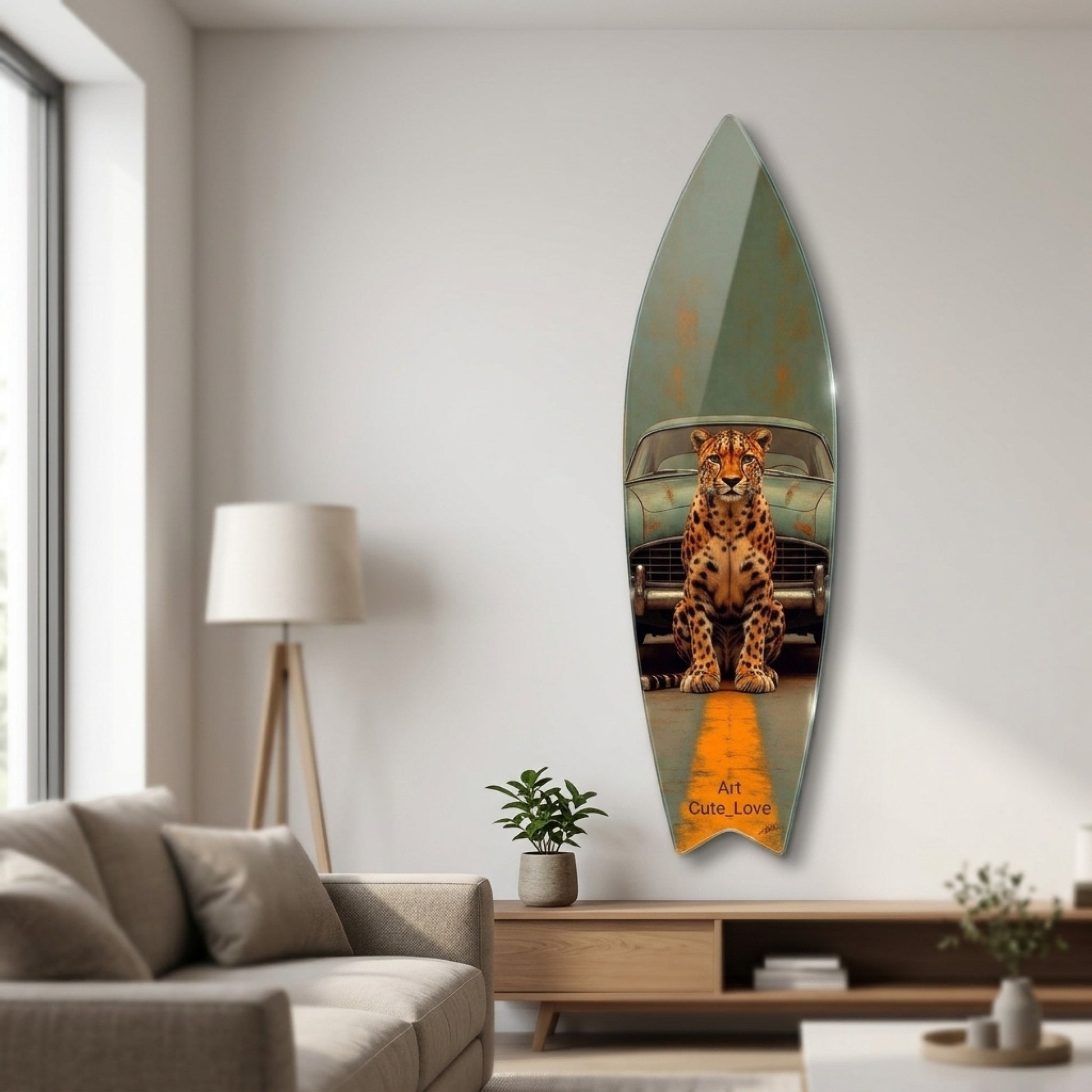 Klasik Yeşil Araba ve Çita Modern Sanat Surf Board Cam Tablo
