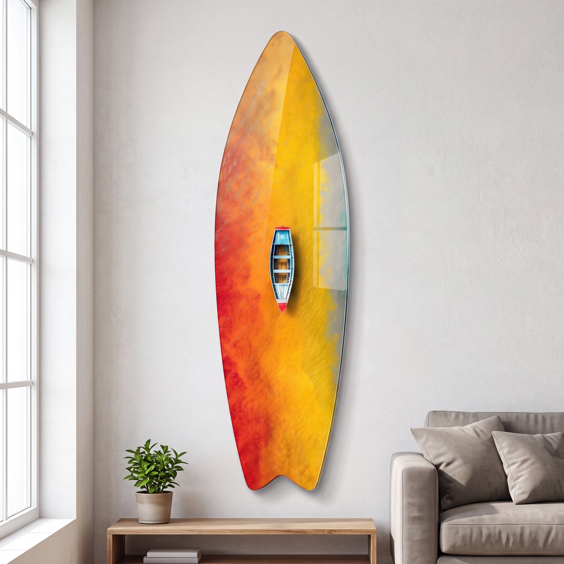 Renkli Suda Kayık Kuş Bakışı Surf Board Cam Tablo