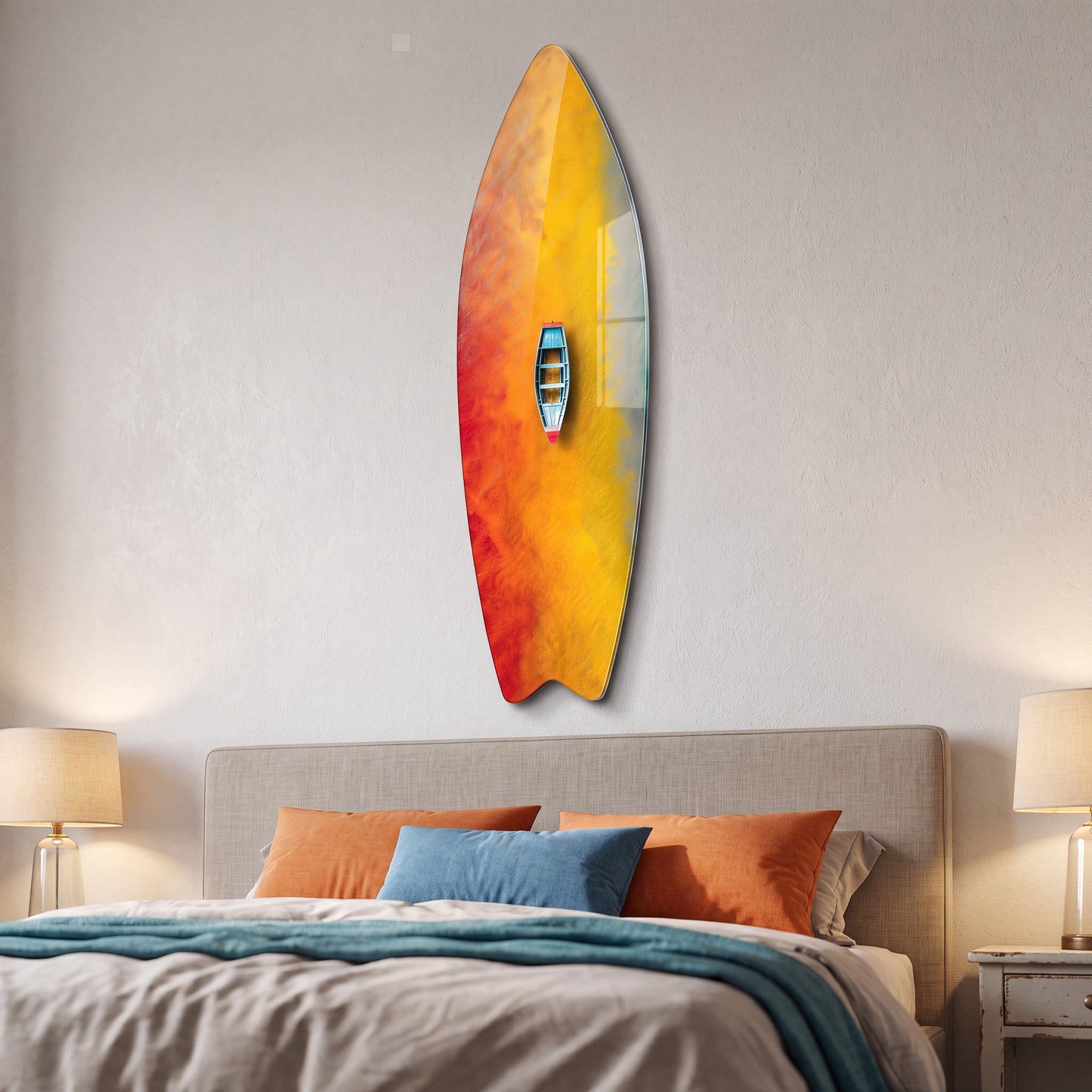 Renkli Suda Kayık Kuş Bakışı Surf Board Cam Tablo