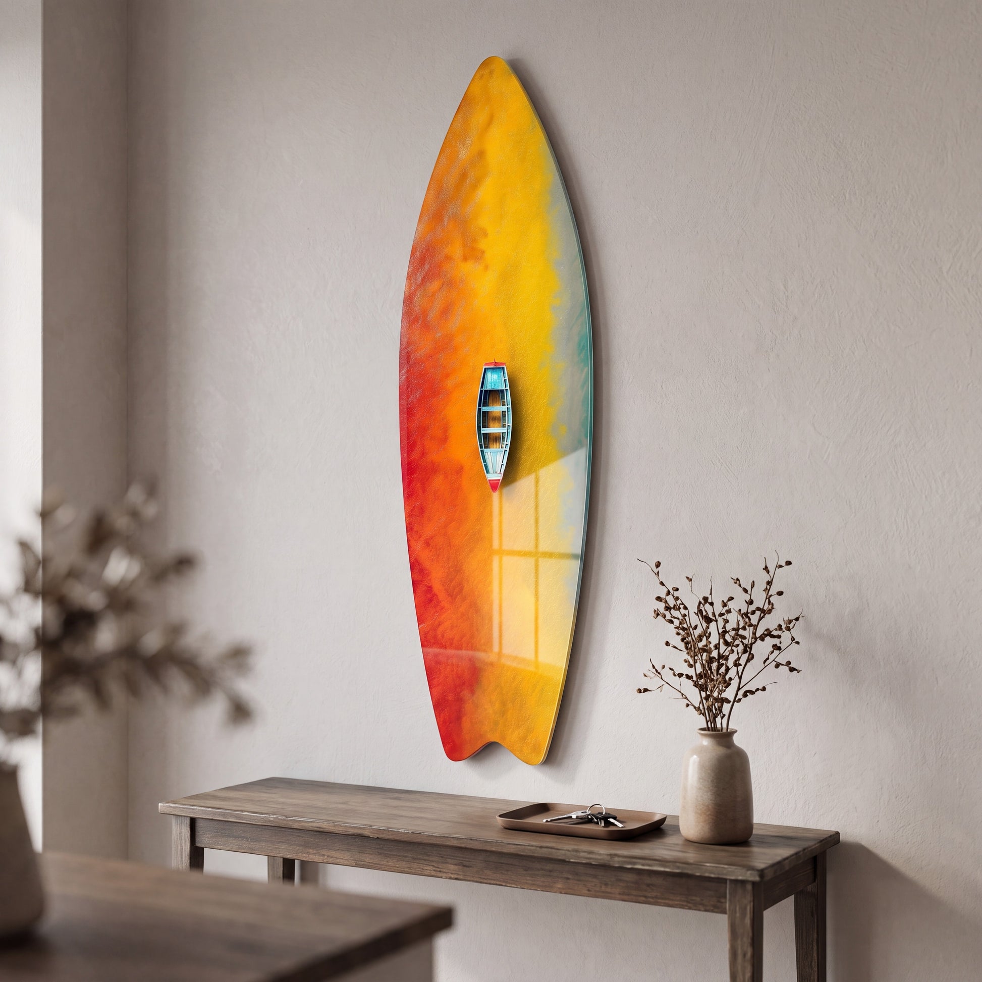 Renkli Suda Kayık Kuş Bakışı Surf Board Cam Tablo