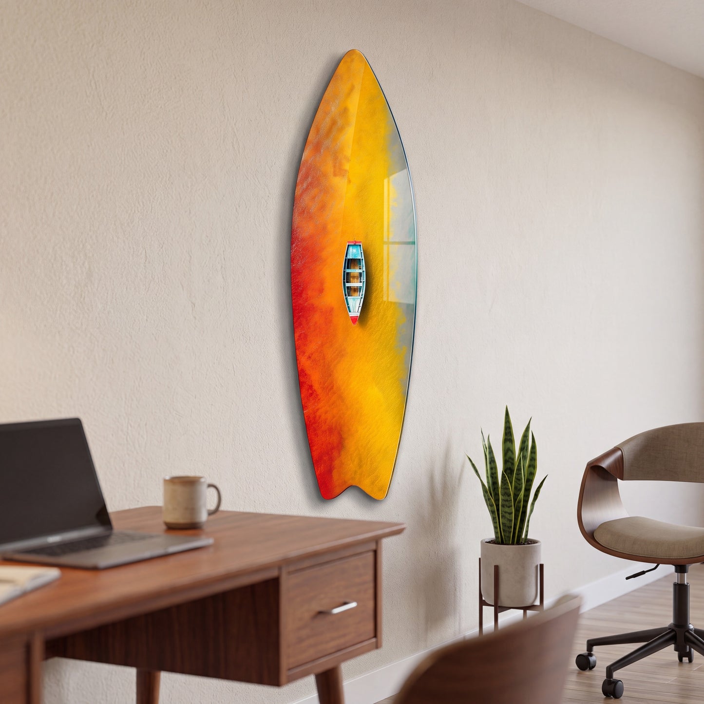Renkli Suda Kayık Kuş Bakışı Surf Board Cam Tablo