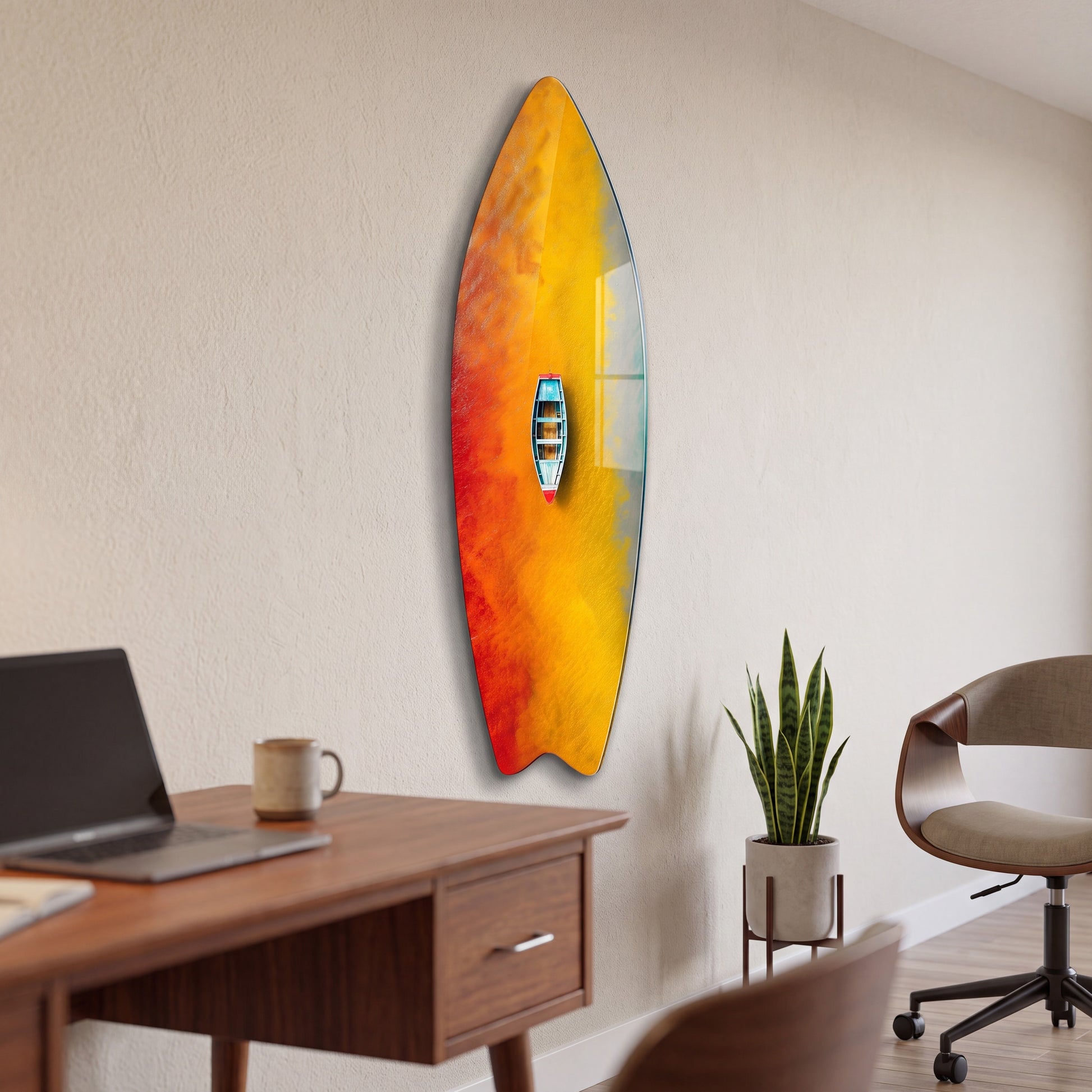 Renkli Suda Kayık Kuş Bakışı Surf Board Cam Tablo