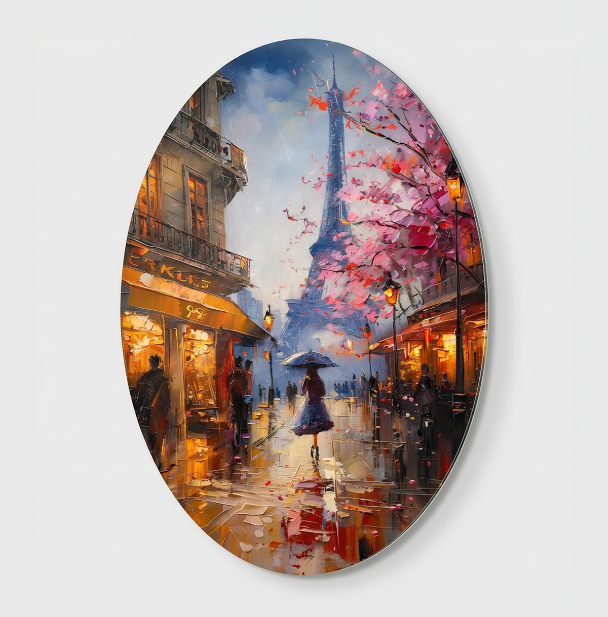 Romantik Paris Yağmuru Eyfel Kulesi Oval Tasarım Oval Dikey Cam Tablo