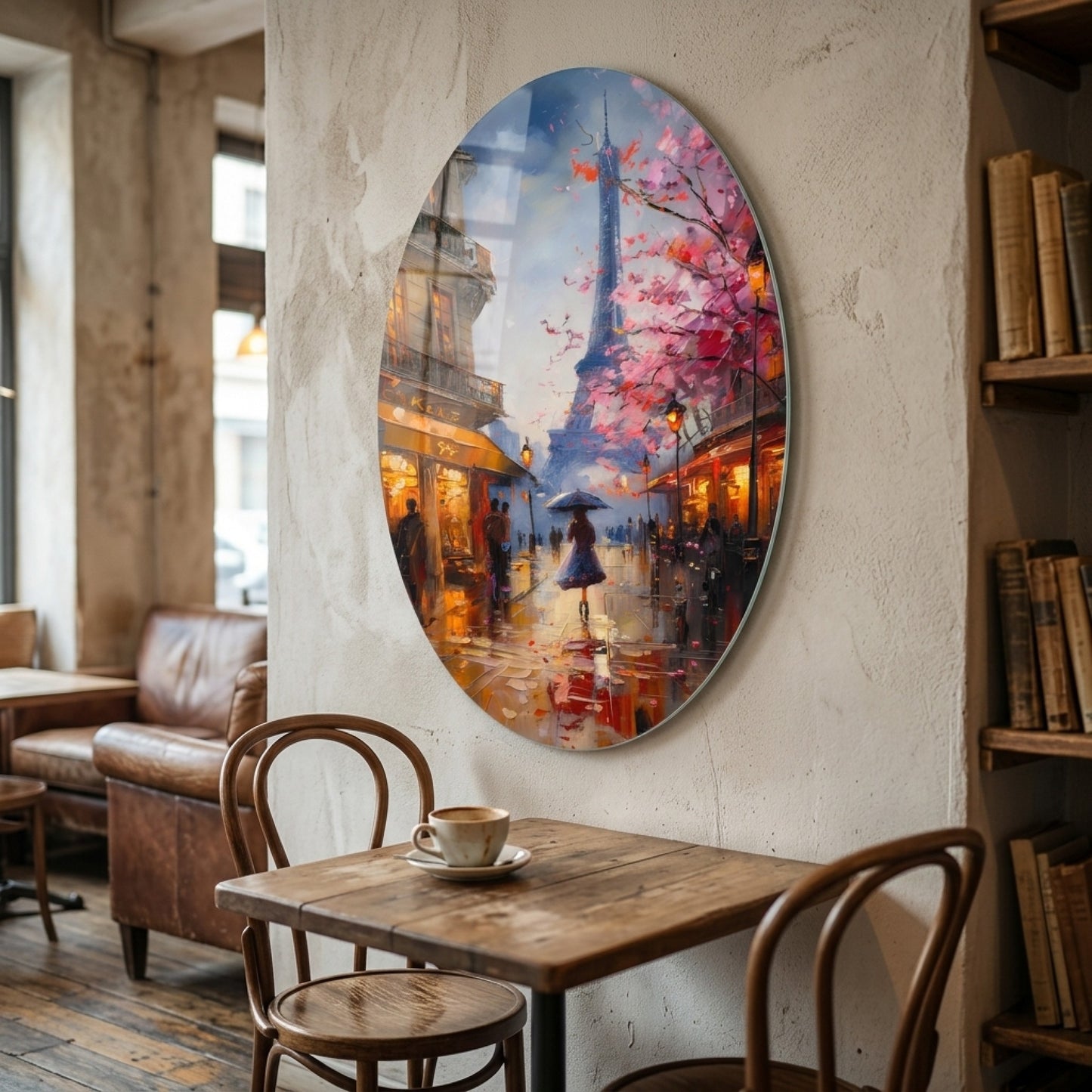 Romantik Paris Yağmuru Eyfel Kulesi Oval Tasarım Oval Dikey Cam Tablo