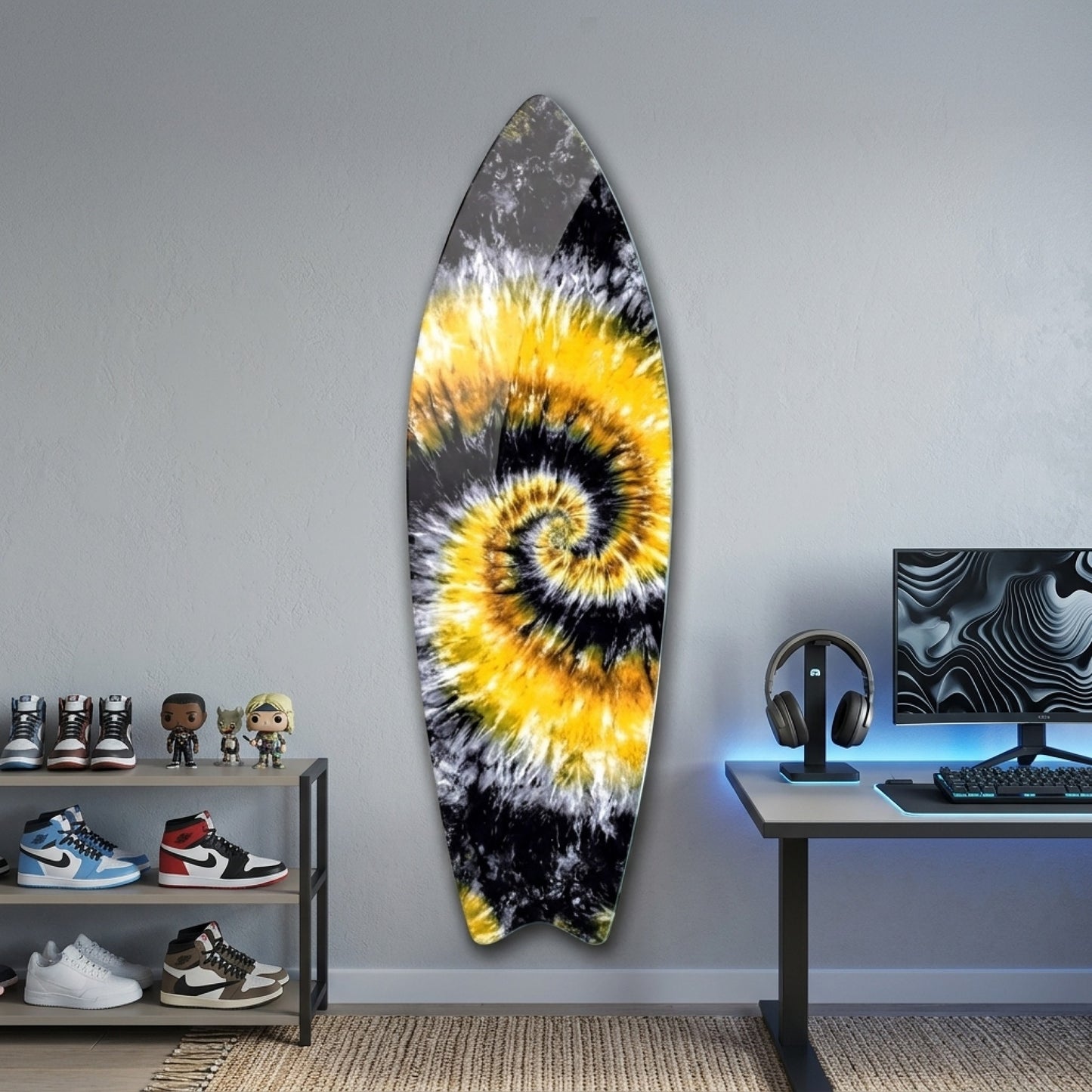 Modern Soyut Sarı Siyah Tie Dye Deseni Surf Board Cam Tablo