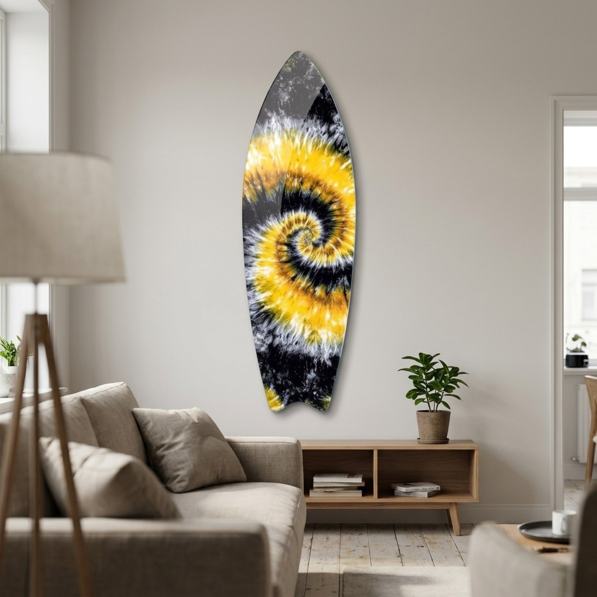 Modern Soyut Sarı Siyah Tie Dye Deseni Surf Board Cam Tablo
