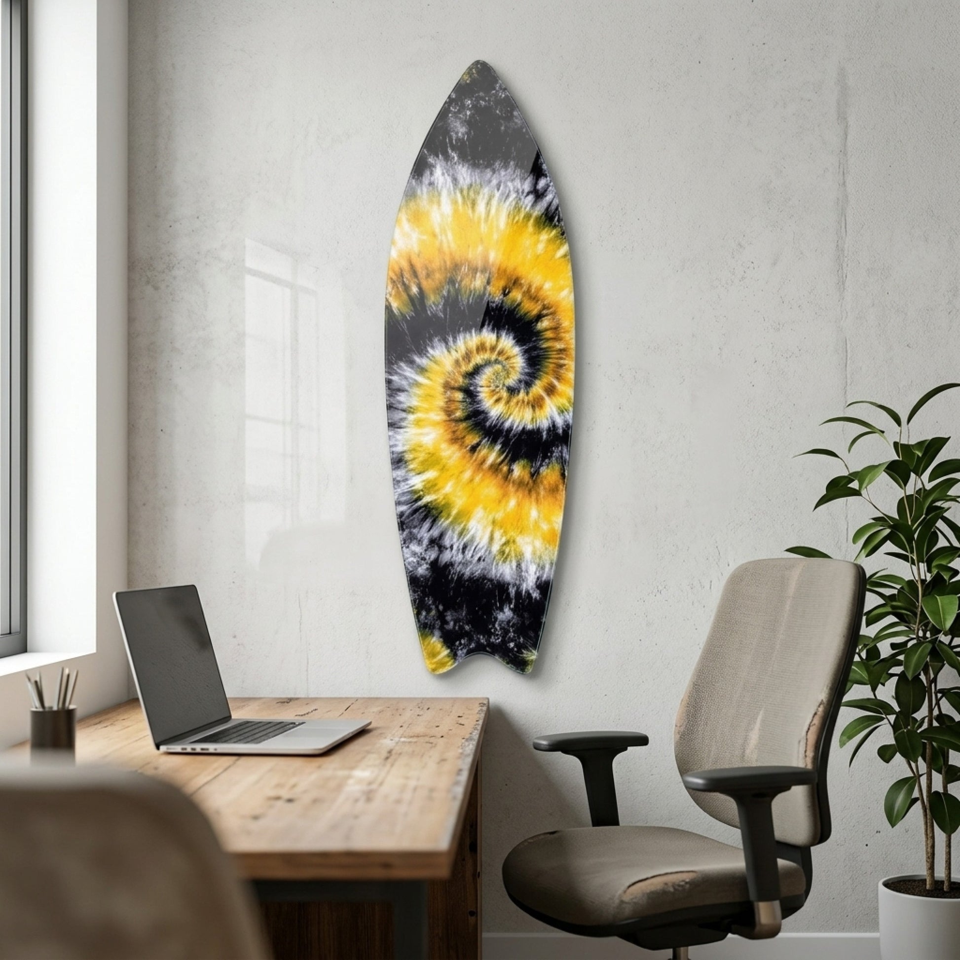 Modern Soyut Sarı Siyah Tie Dye Deseni Surf Board Cam Tablo