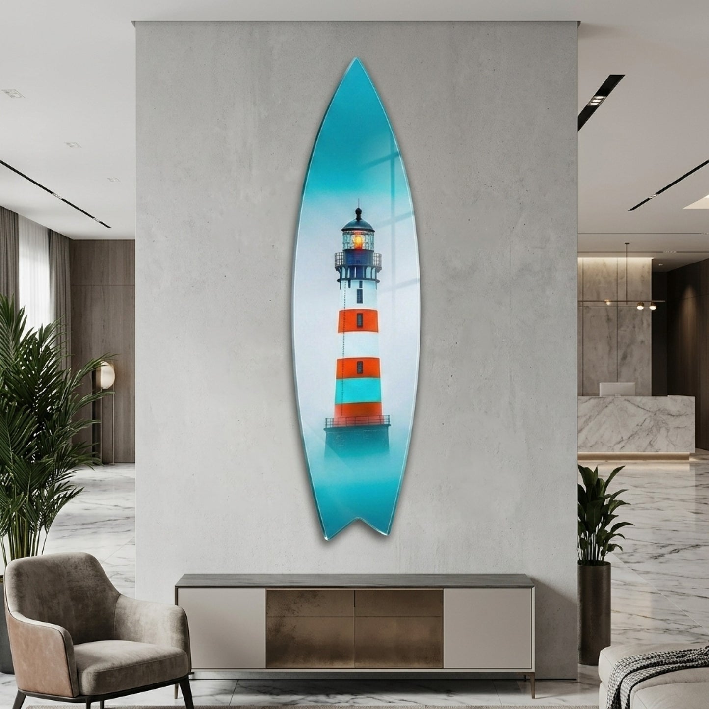 Modern Sisli Deniz Feneri Manzarasi Surf Board Cam Tablo