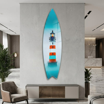 Modern Sisli Deniz Feneri Manzarasi Surf Board Cam Tablo