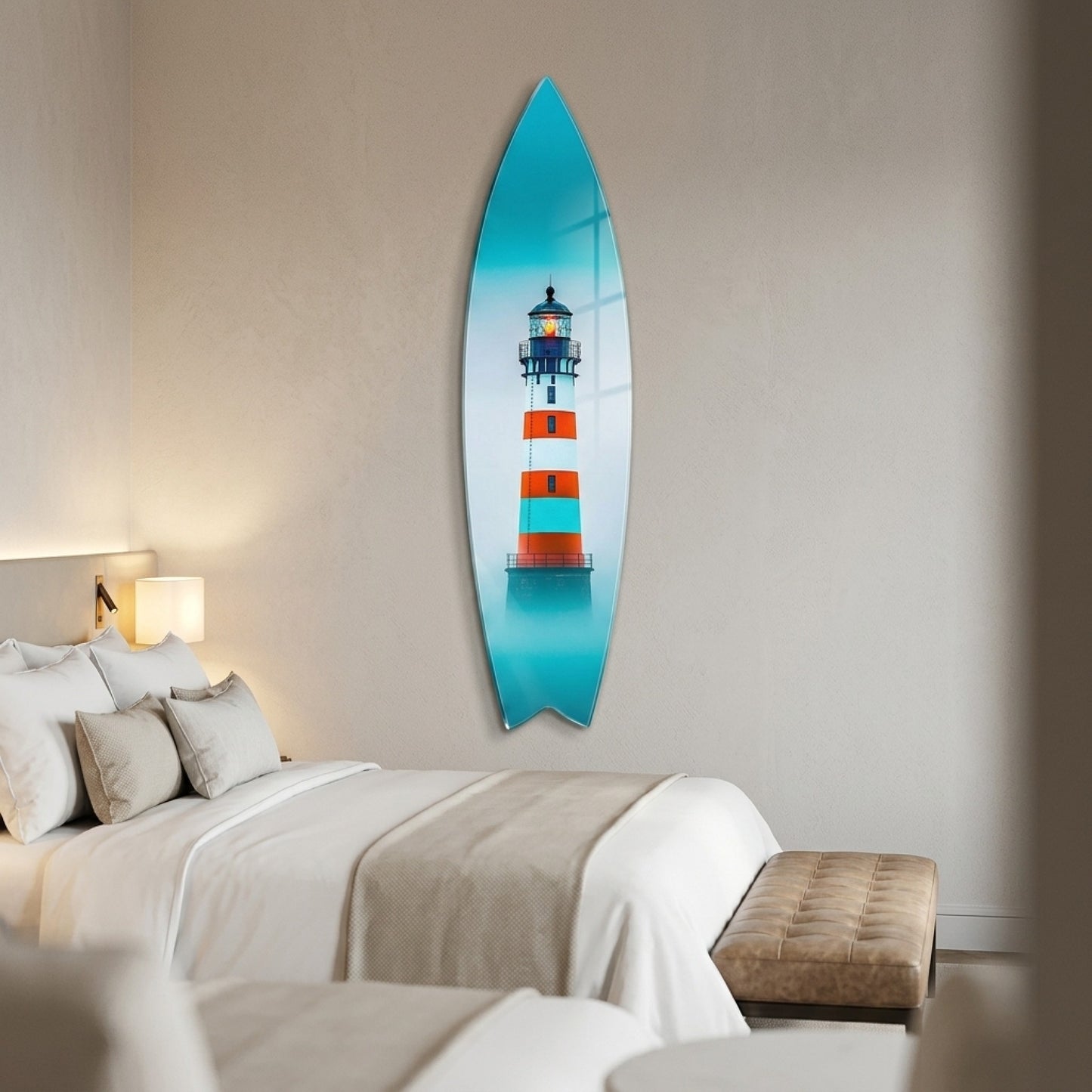 Modern Sisli Deniz Feneri Manzarasi Surf Board Cam Tablo