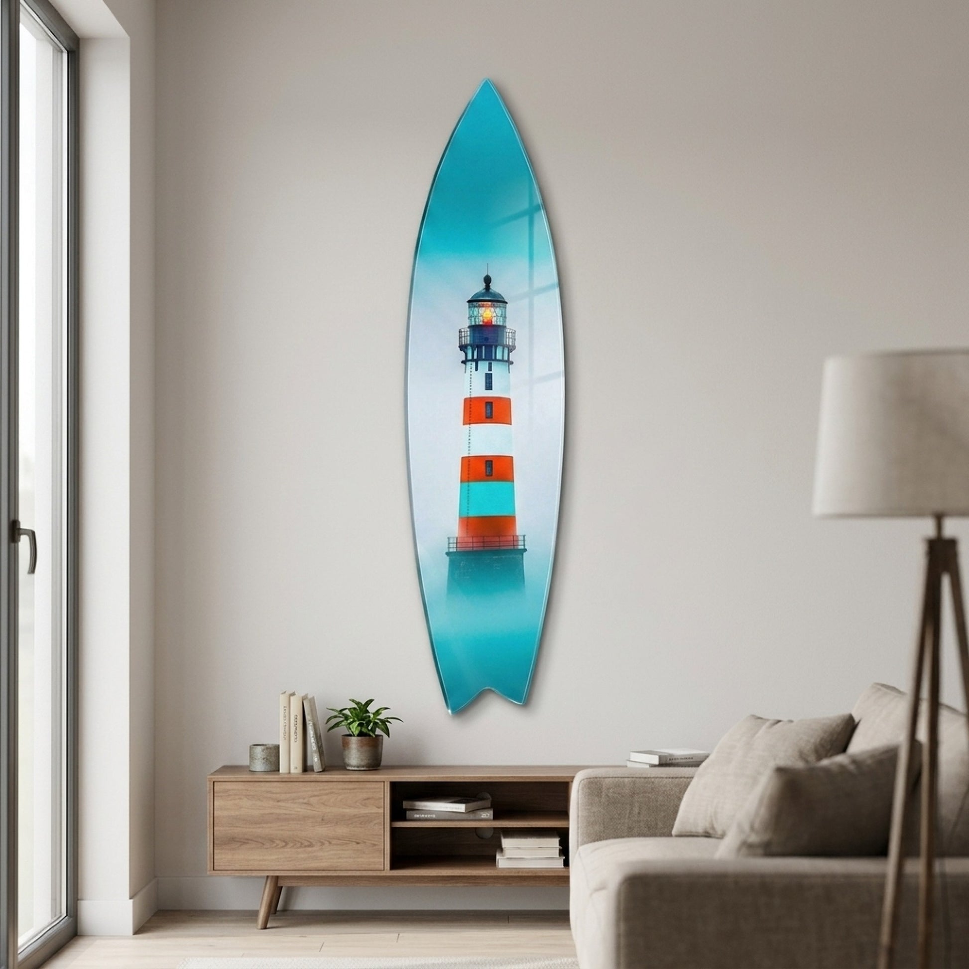 Modern Sisli Deniz Feneri Manzarasi Surf Board Cam Tablo
