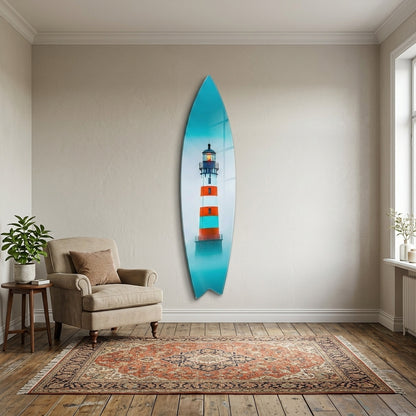 Modern Sisli Deniz Feneri Manzarasi Surf Board Cam Tablo