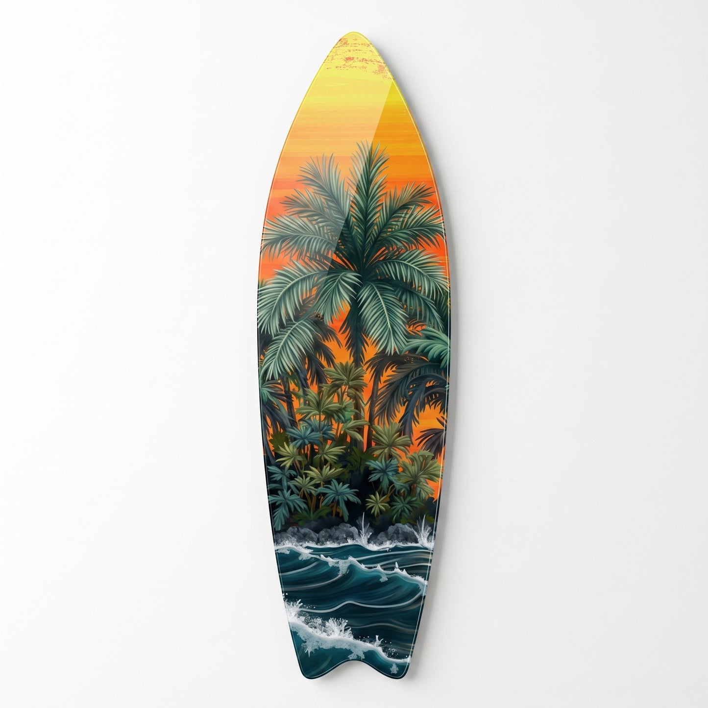 Tropik Ada Gün Batımı Manzarası Surf Board Cam Tablo