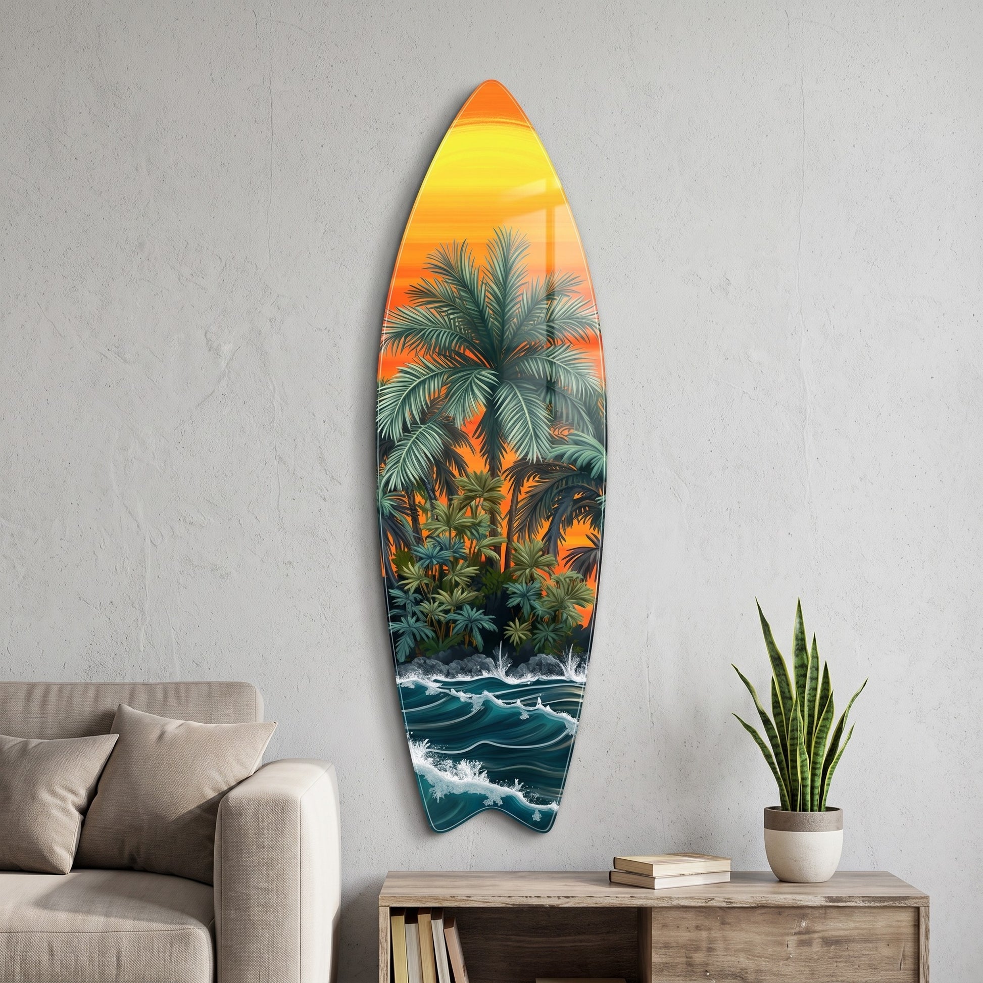 Tropik Ada Gün Batımı Manzarası Surf Board Cam Tablo