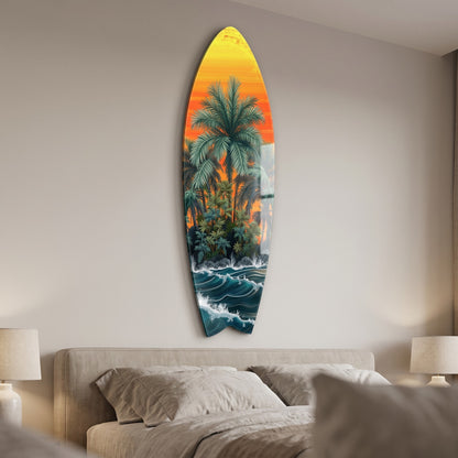 Tropik Ada Gün Batımı Manzarası Surf Board Cam Tablo