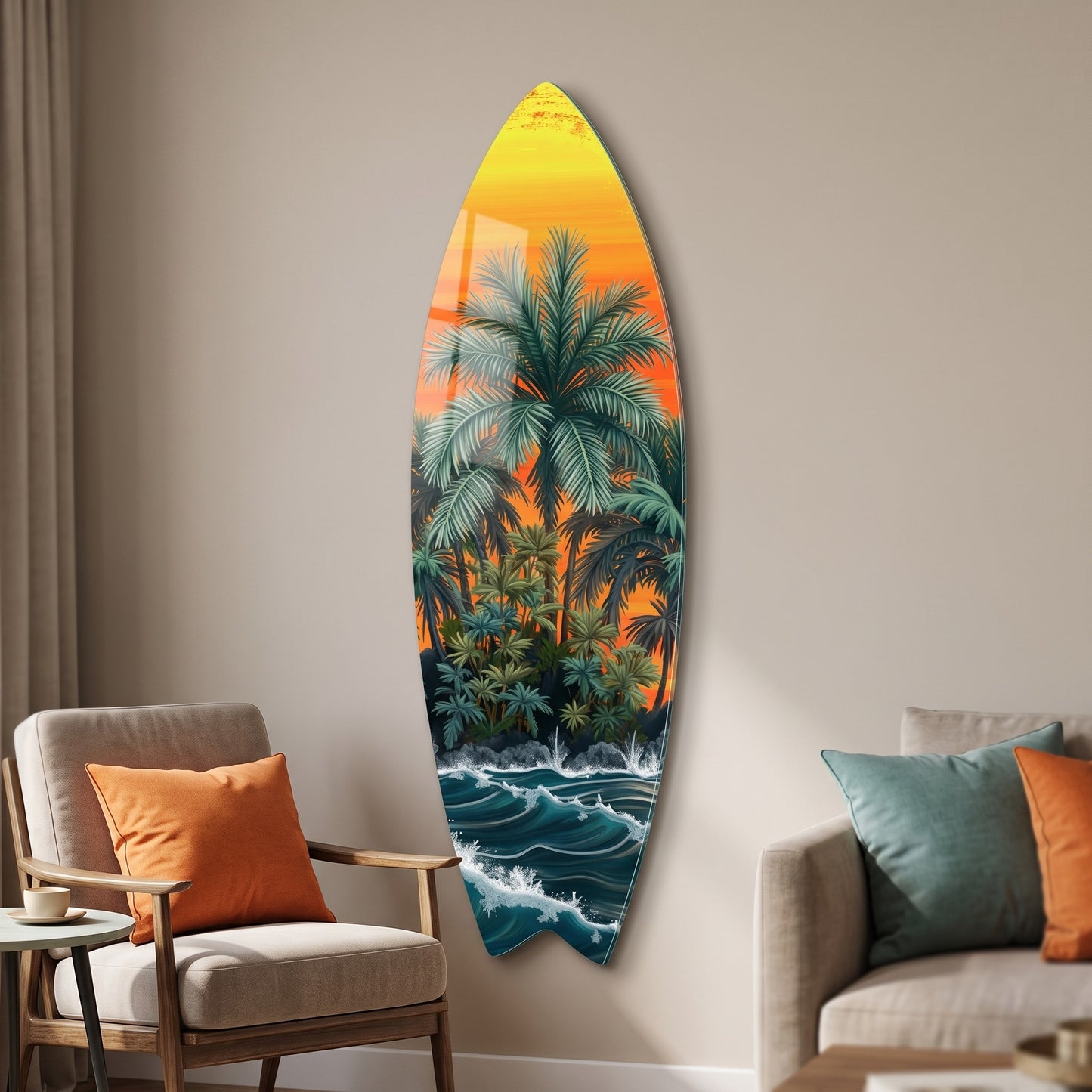 Tropik Ada Gün Batımı Manzarası Surf Board Cam Tablo