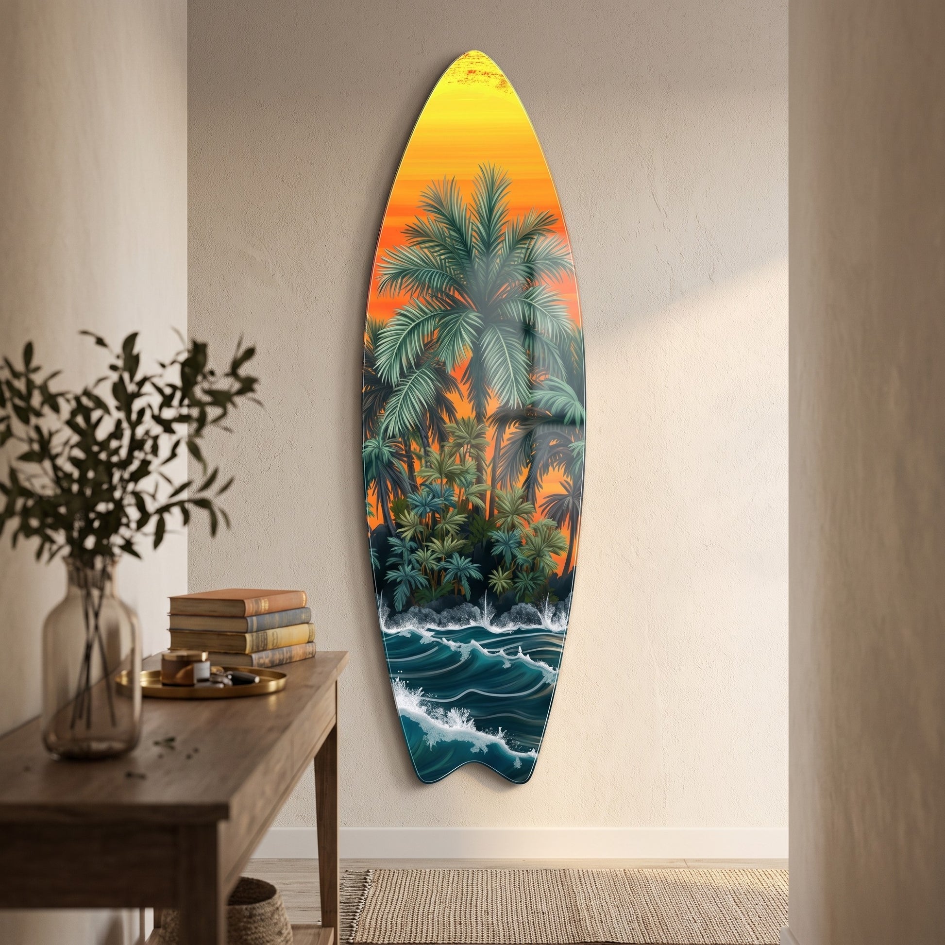 Tropik Ada Gün Batımı Manzarası Surf Board Cam Tablo