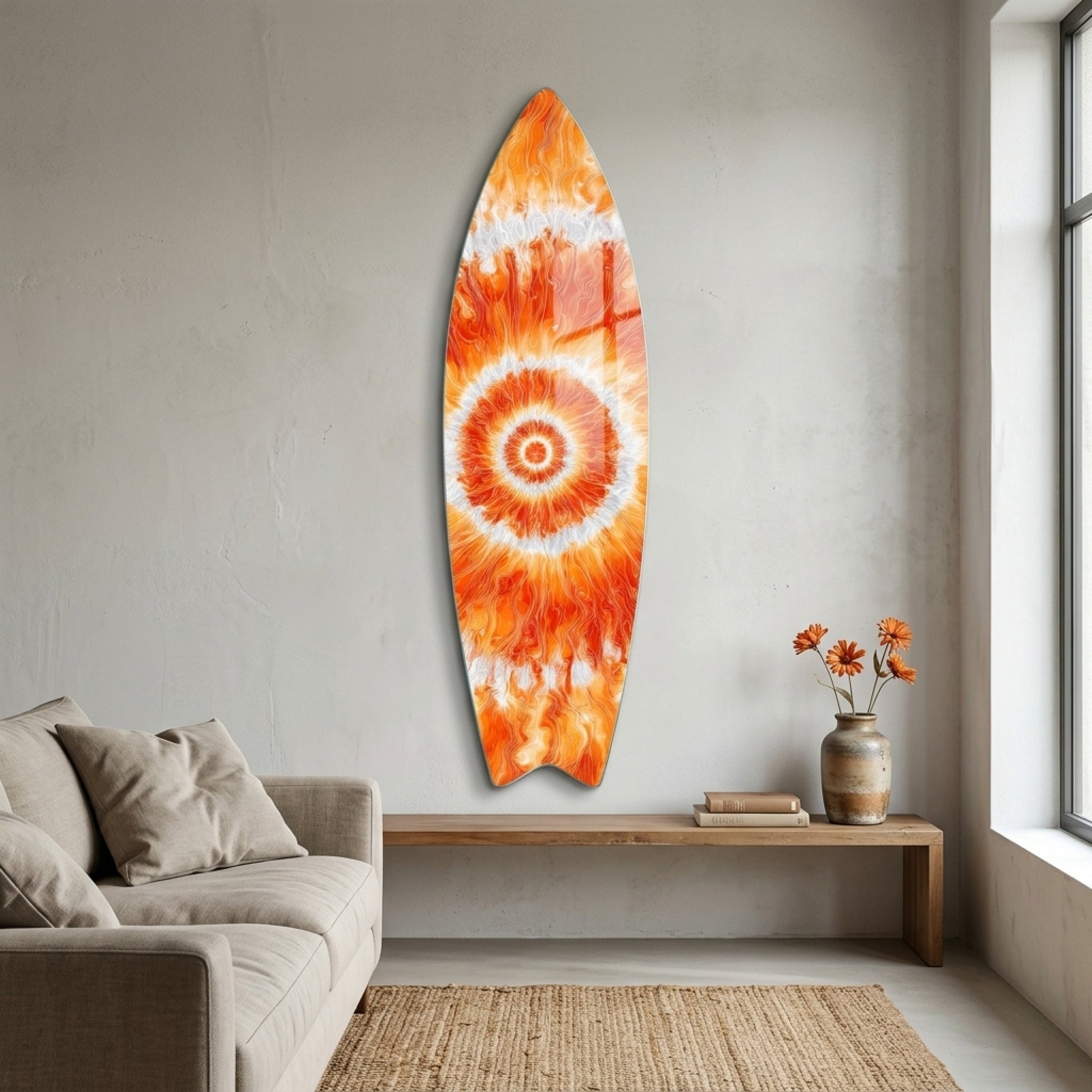 Modern Soyut Turuncu Ates Enerjisi Sanat Eseri Surf Board Cam Tablo