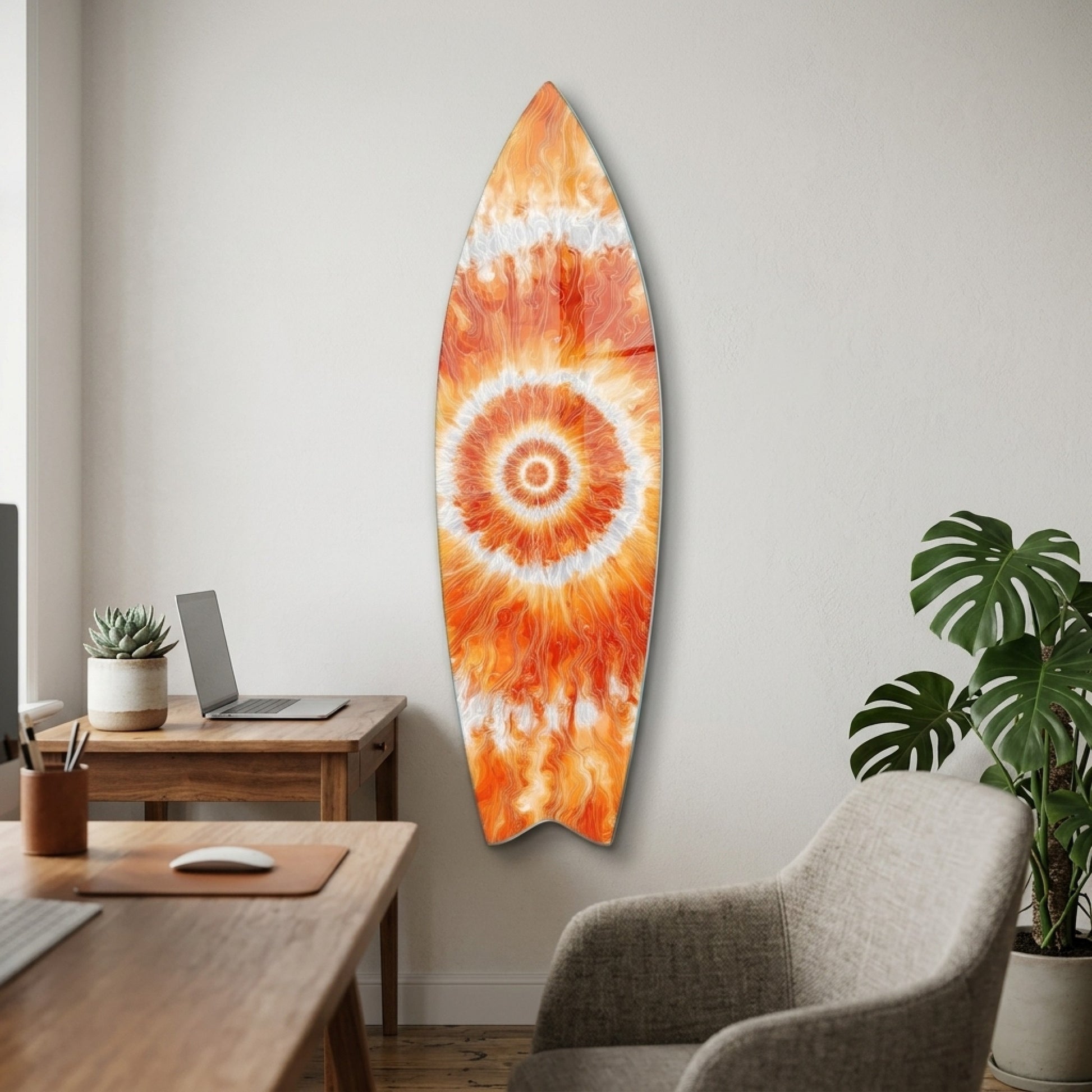 Modern Soyut Turuncu Ates Enerjisi Sanat Eseri Surf Board Cam Tablo